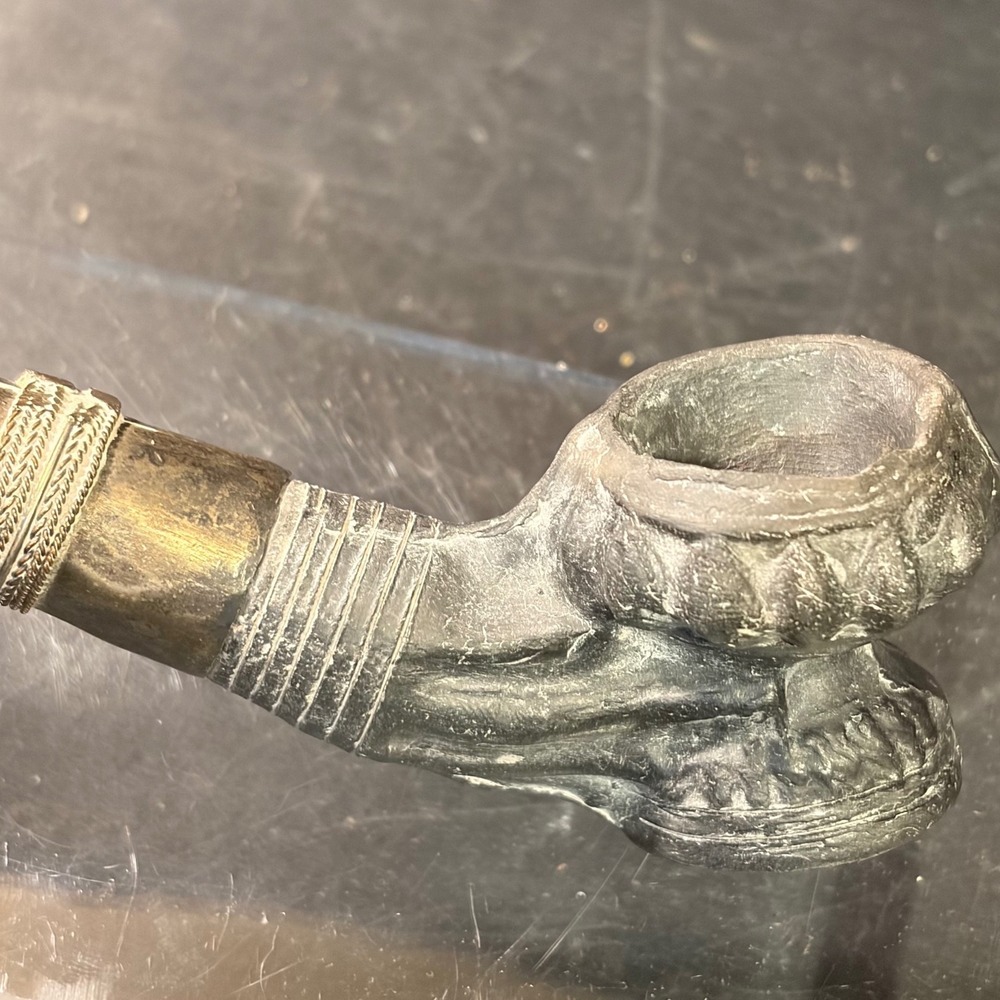 Antique Long Stem Metal Smoking Pipe Figural Bowl Decorative Banding 15.5 Inch
